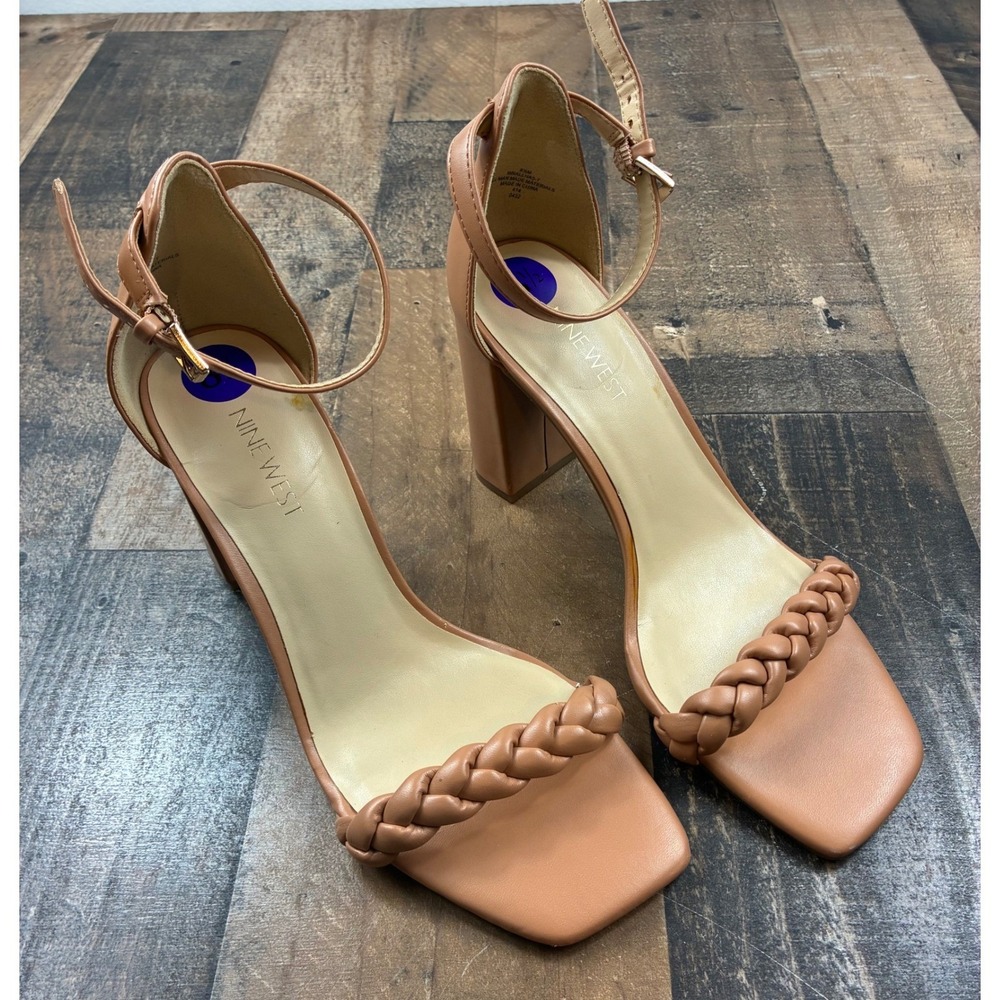 Nine West Braided Block Heel Sandals Womens 8.5 Tan Square Toe Ankle Strap Heels